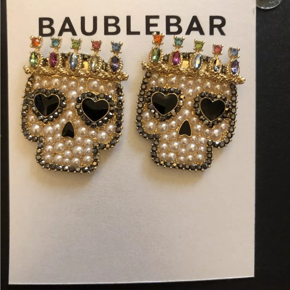 Baublebar Gold Tone Sugar Skull King Stud Drop Earrings Faux Pearl & Crystal NEW - Picture 8 of 11